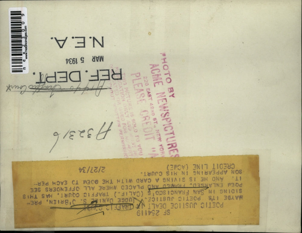 1934 Press Photo Judge Daniel O Brien Uses Poem in Traffic Court San Francisco