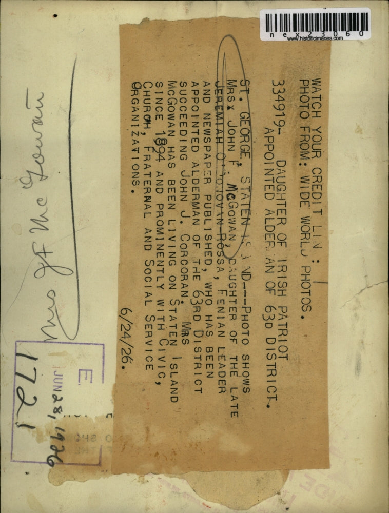 1926 Press Photo St George Staten Island NY Mrs John McGowan alderman of 63rd