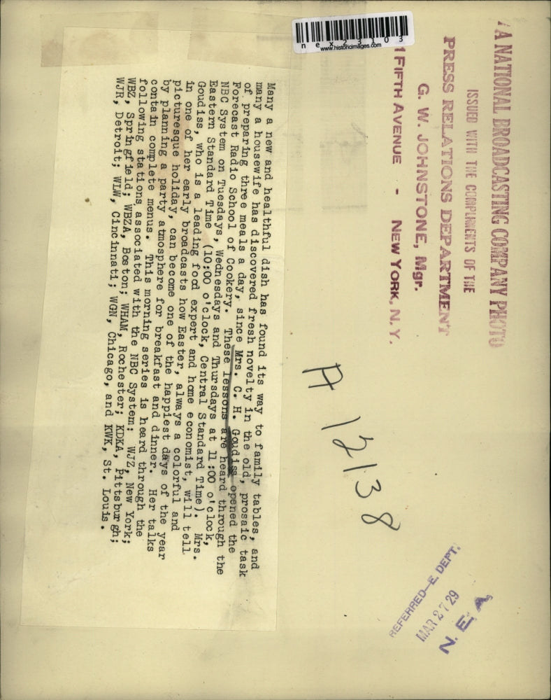 1929 Press Photo Mrs C H Goudiss of Forecast Radio School of Cookery on NBC