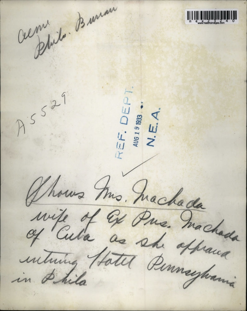 1933 Press Photo Mrs. Machada, wife of ex pres Machada of Cuba, in Philadelphia