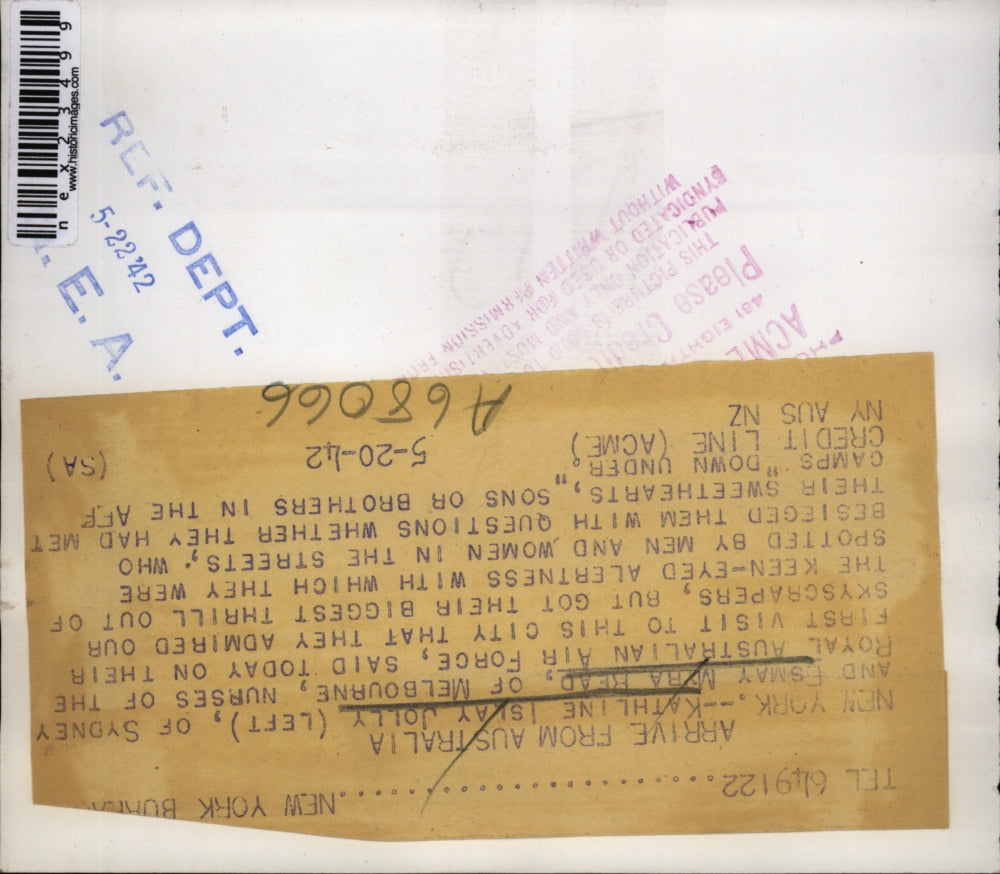 1942 Press Photo NYC Kathline IJolly, Esmay M Read nurses of Royal Australian AF