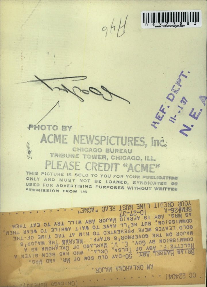 1937 Press Photo Brian Hansel Aby 50 days old in Tulsa Okla.