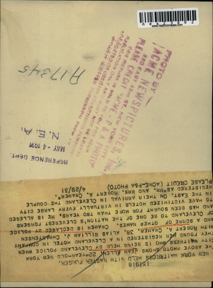 1931 Press Photo Jean Allen held in Cleveland Ohio for forgery