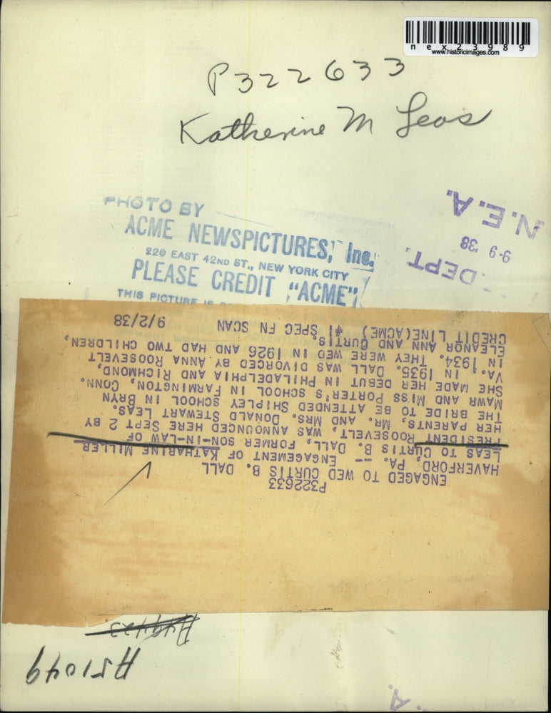 1938 Press Photo Katharine Miller Leas engaged to Curtis Dall, Haverford PA