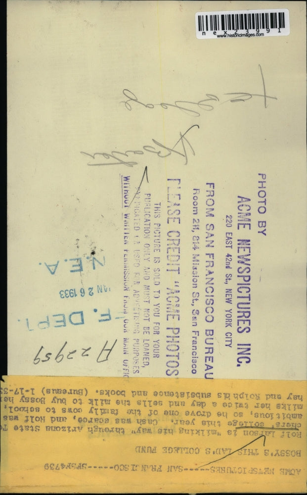 1933 Press Photo Rolf Larson milks cow for college expenses