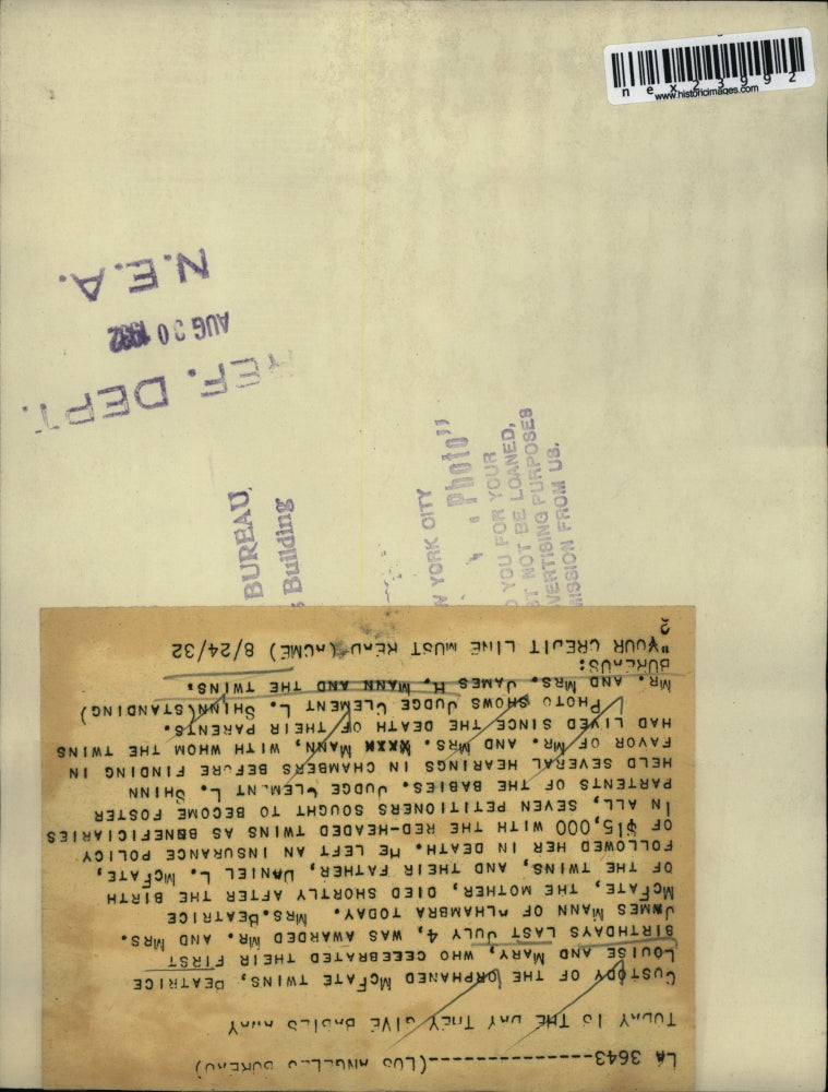 1932 Press Photo Mr and Mrs James Mann adopt orphan twins Beatrice & Mary McFate