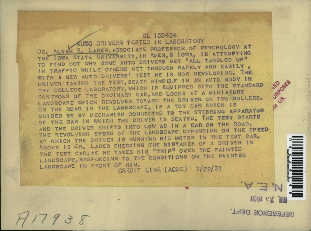 1931 Press Photo Dr Alvah Lauer Develops Auto Drivers Test Iowa State University