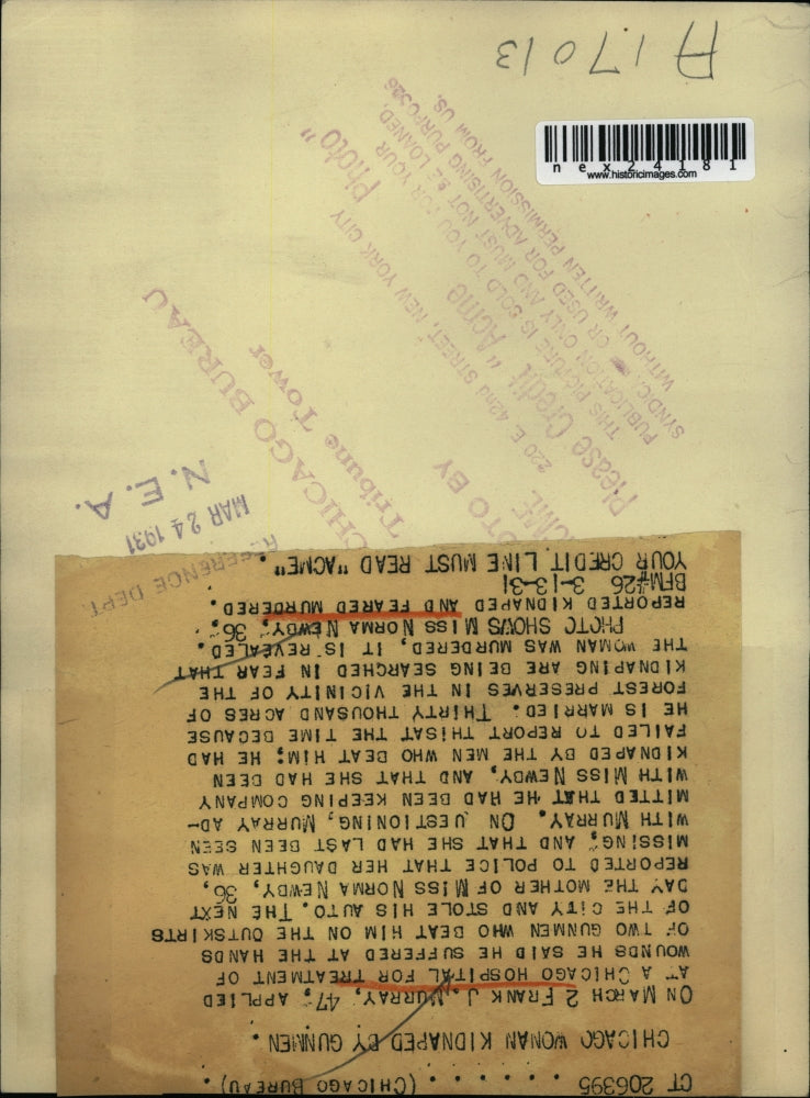 1931 Press Photo Chicago woman Norma Newby kidnapped & maybe murdered