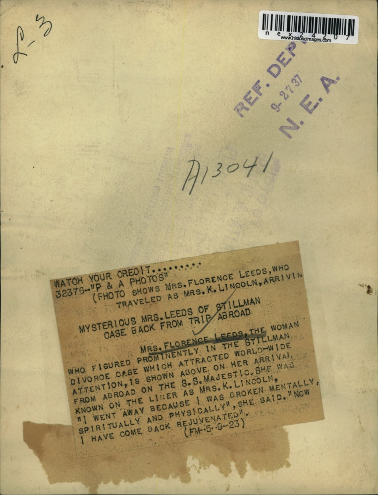 1923 Press Photo Mrs Florence Leeds aboard the SS Majestic