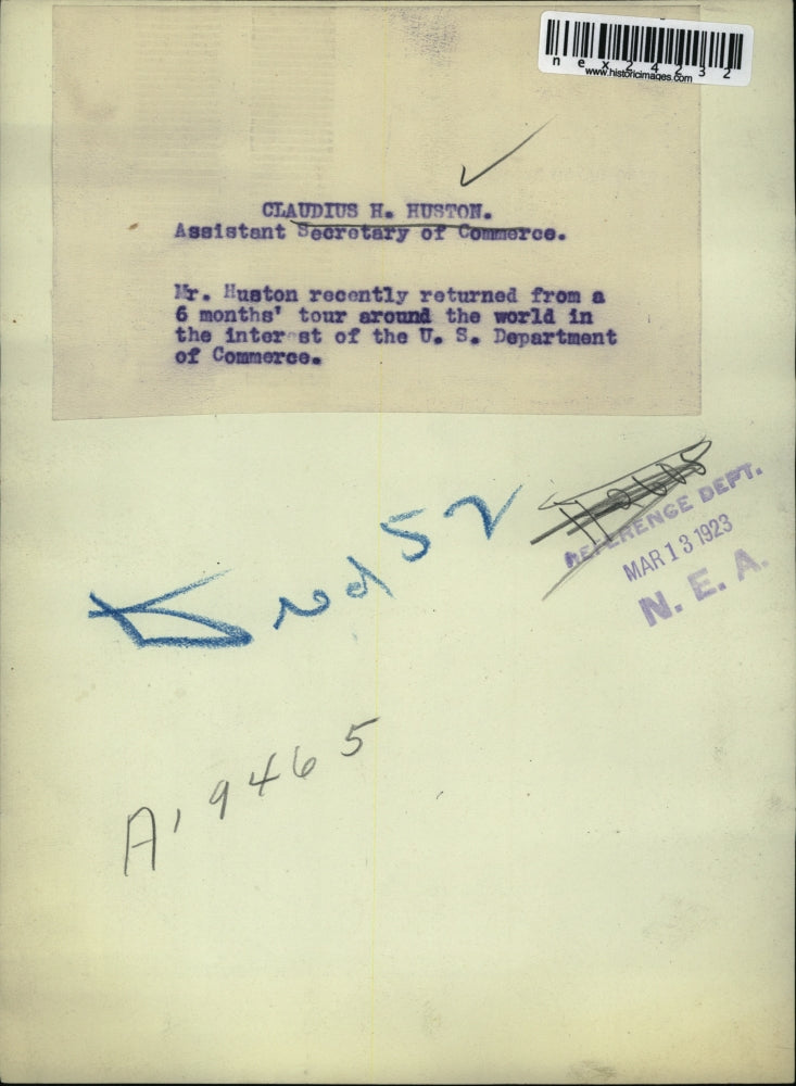 1923 Press Photo Claudius H. Huston, assistant Secretary of Commerce.