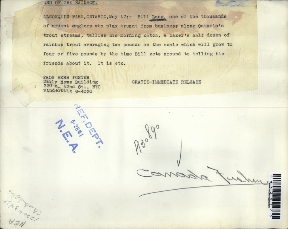 1941 Press Photo Bill Lang fishing along Ontario trout stream.