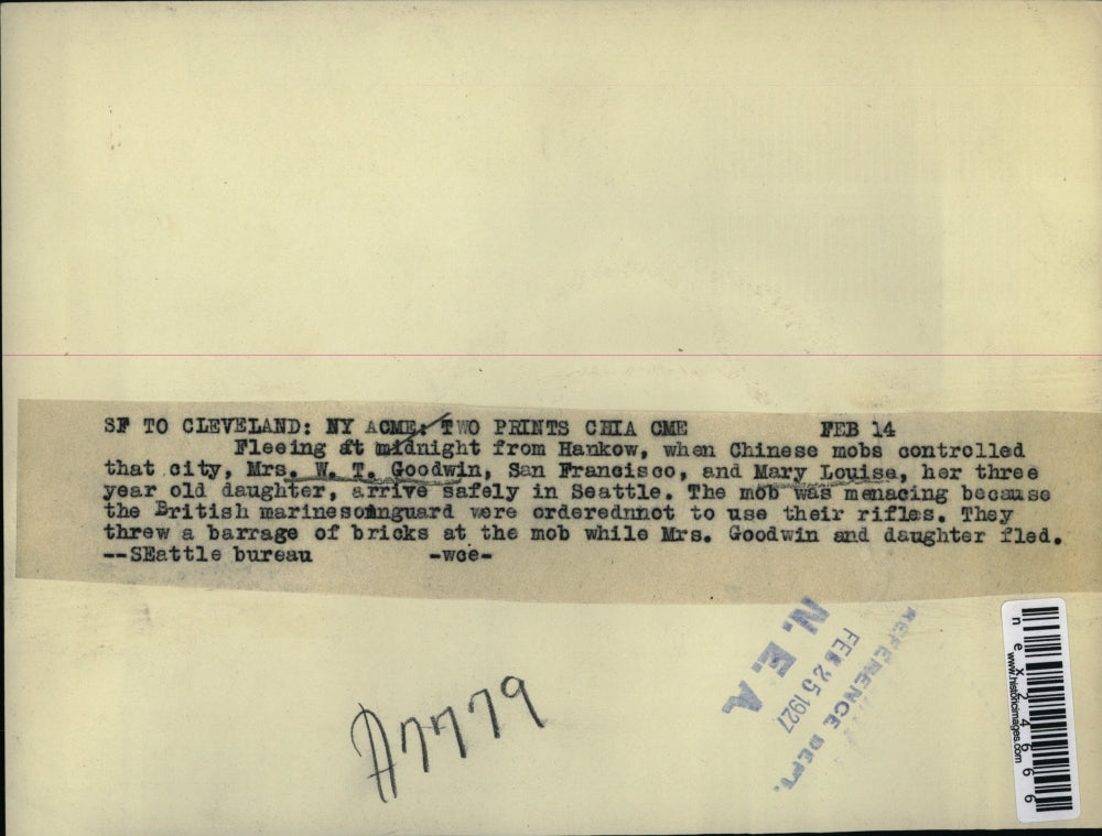 1927 Press Photo Mrs. W.T. Goodwin, Mary Lousa Seattle Chinese Mobs