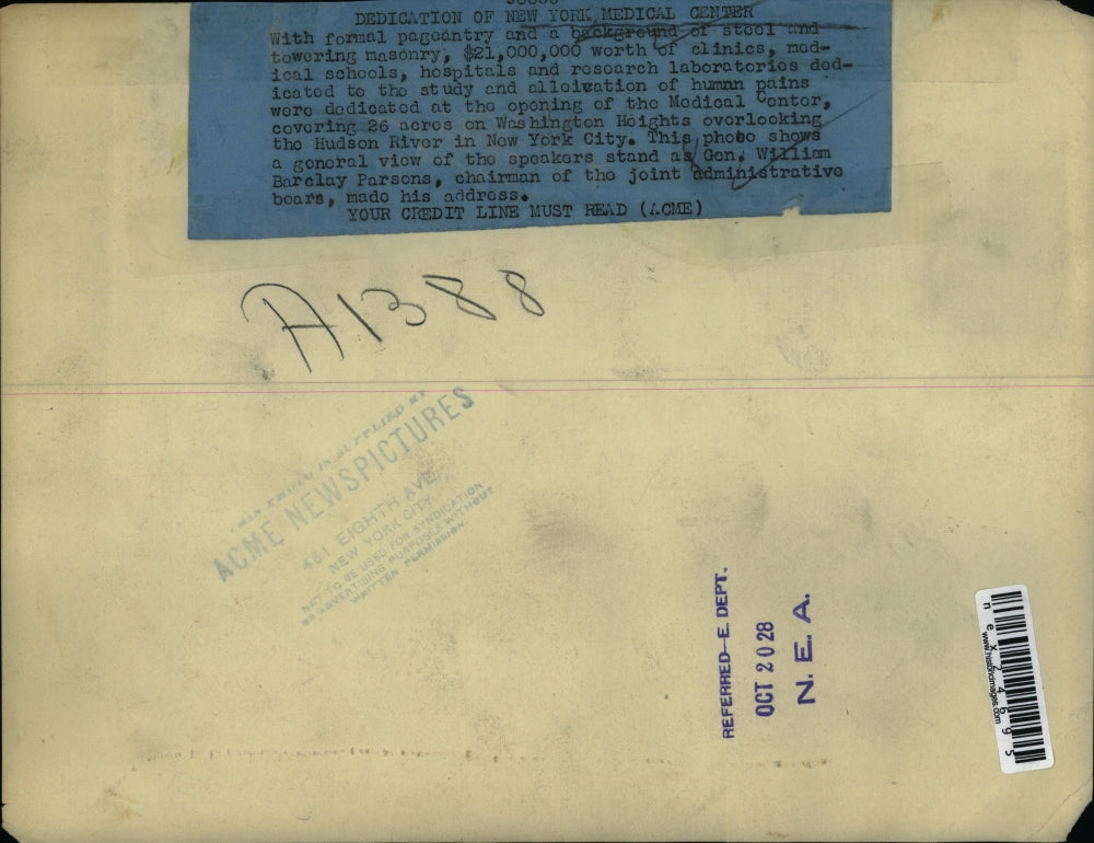 1928 Press Photo New York Medical Center Gen. William Barclay Parsons