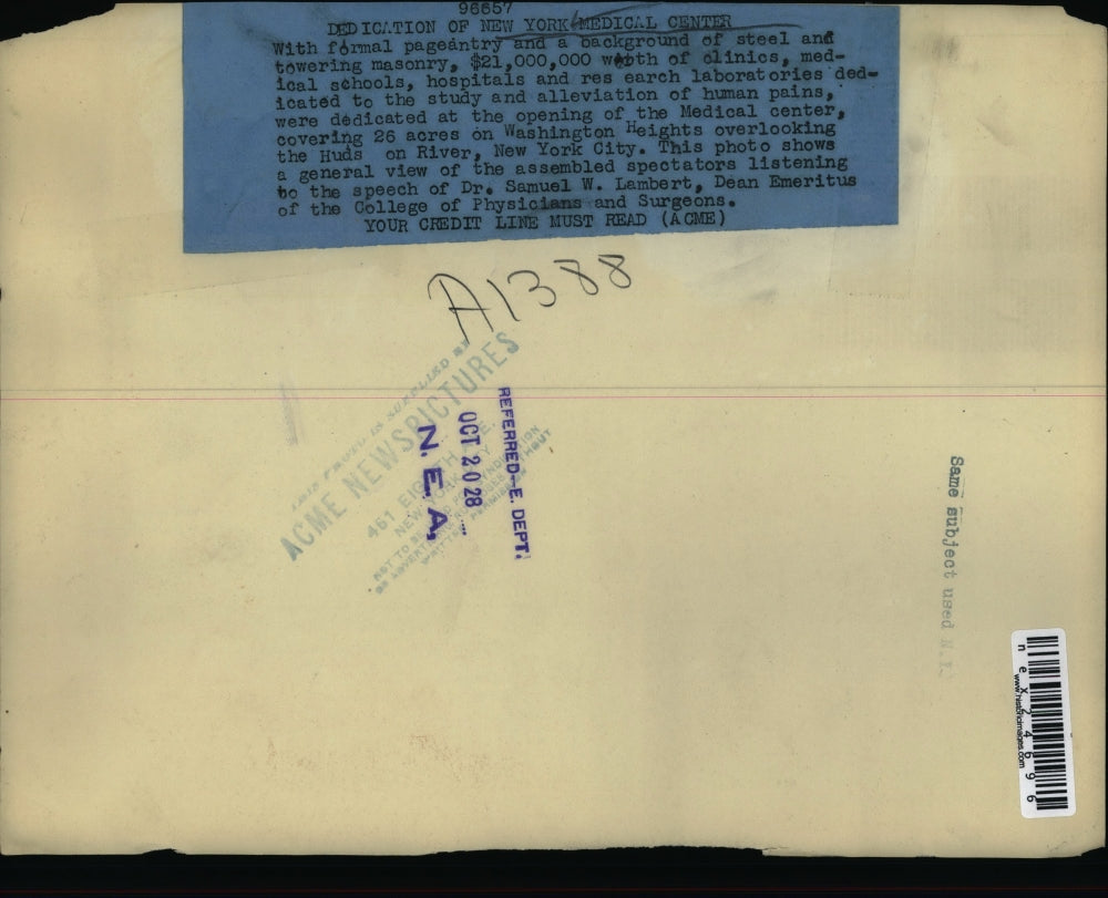 1928 Press Photo Dedication New York Medical Center, Dr. Samuel W. Lambert, Dean