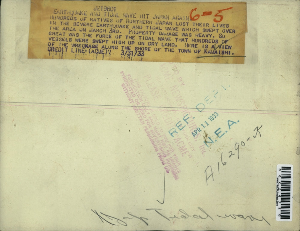 1933 Press Photo Kamaishi Japan struck by severe earthquake