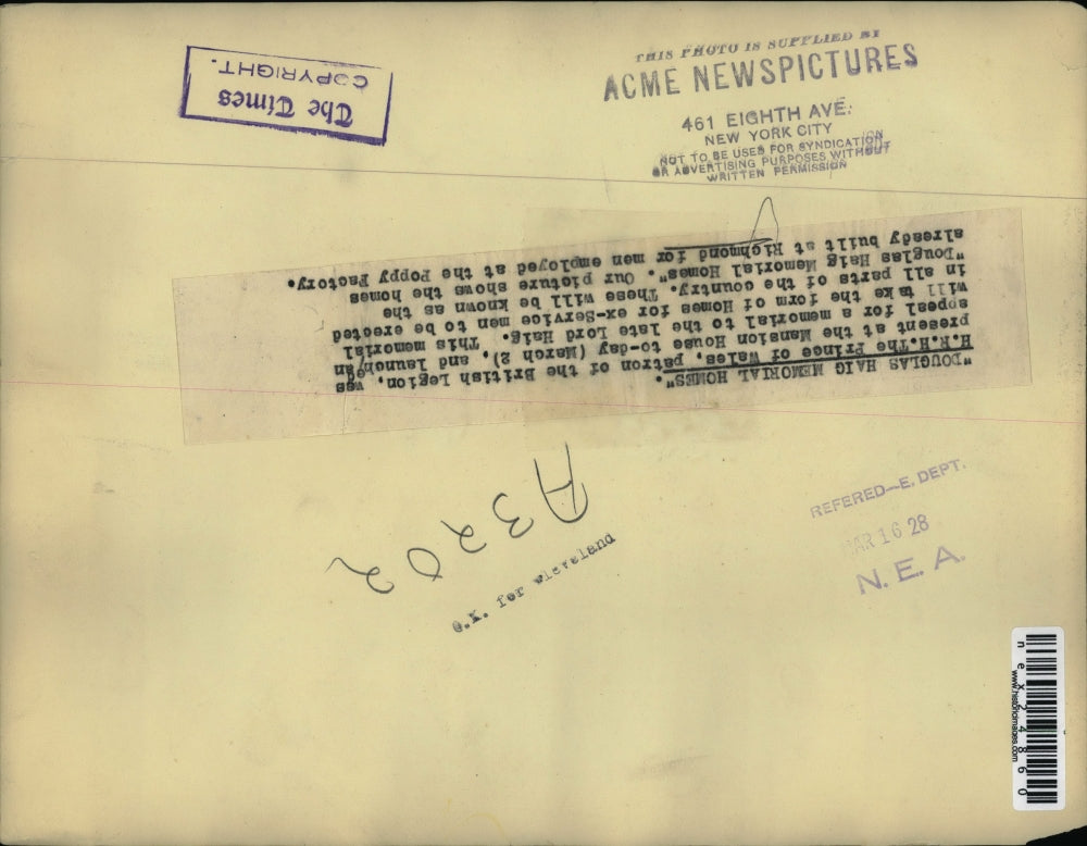 1928 Press Photo Douglas Haig Memorial Homes