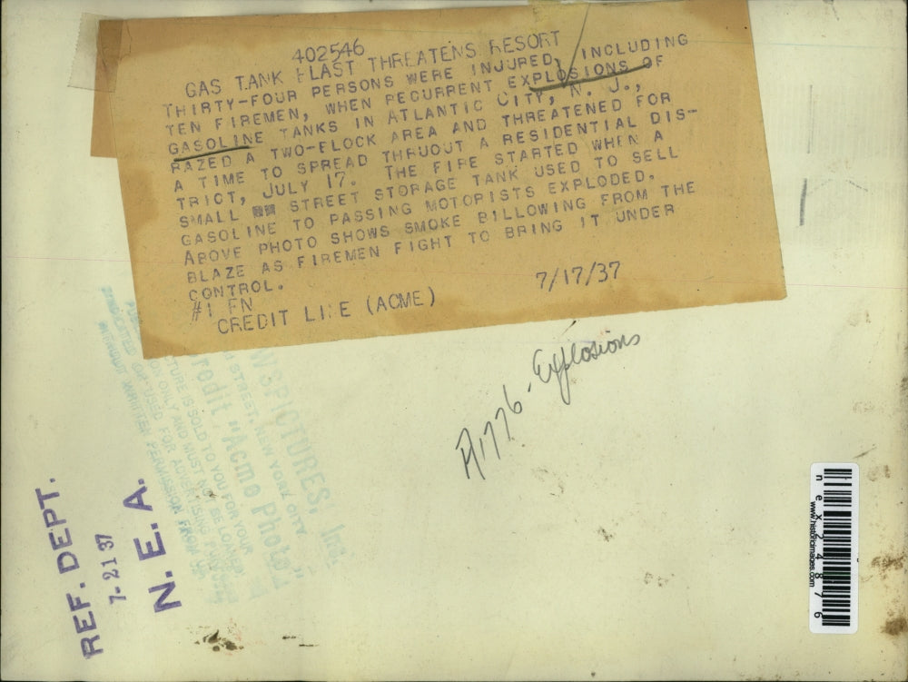 1937 Press Photo Gas Tanks exploded Atlantic City, New Jersey, hurt 34 people