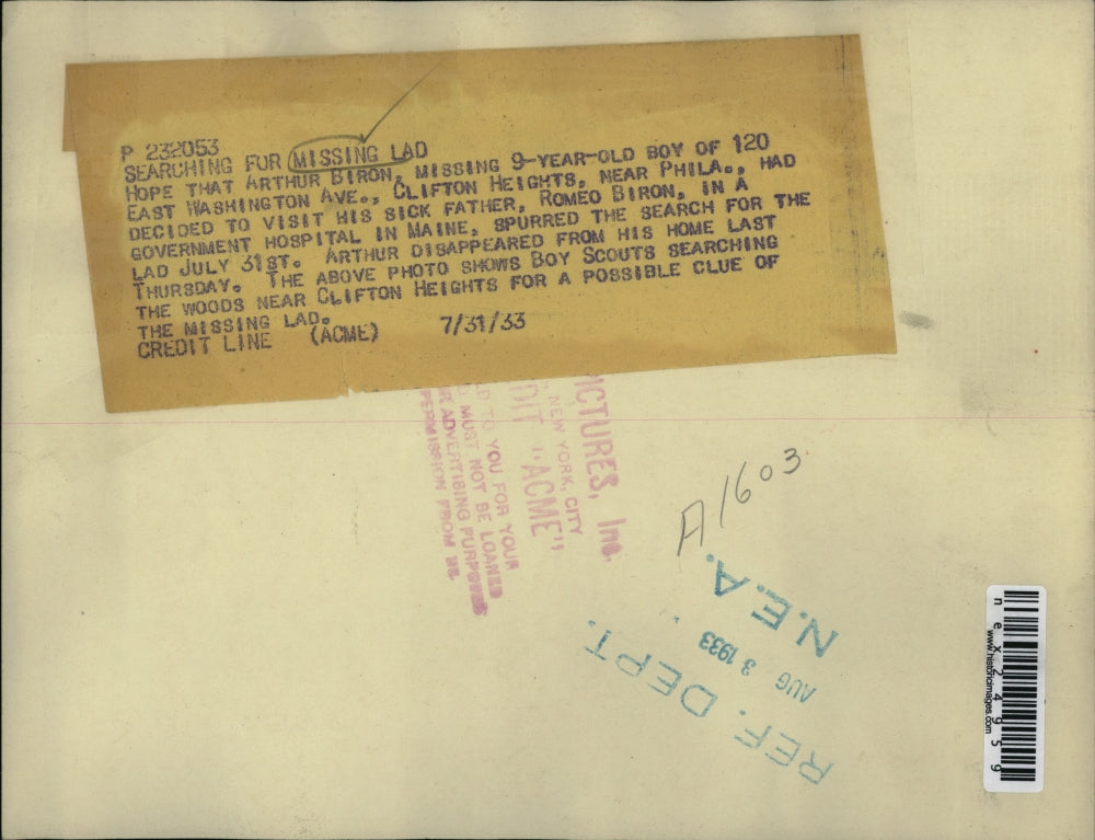 1933 Press Photo Boy Scouts searching for Arthur Biron