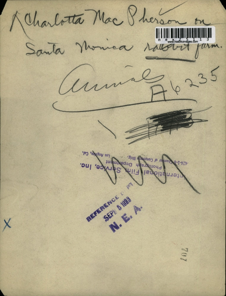 1923 Press Photo Charlotta MacPherson on Santa Monica rabbit farm