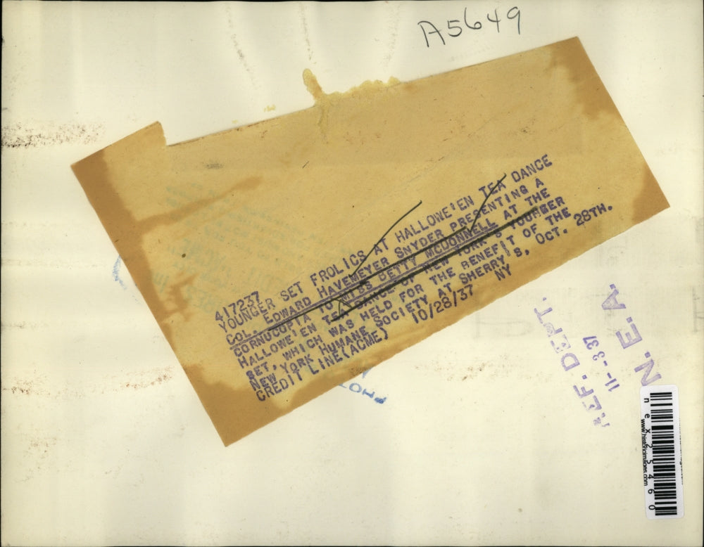 1937 Press Photo Col Edward H Snyder & Betty McDonnell at NY Humane Society tea