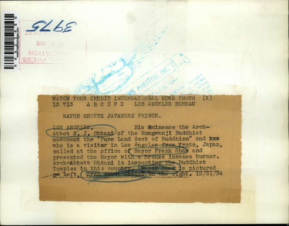 1934 Press Photo Mayour Frank Shaw greet Archbishop Abbot S.J. Ohtani