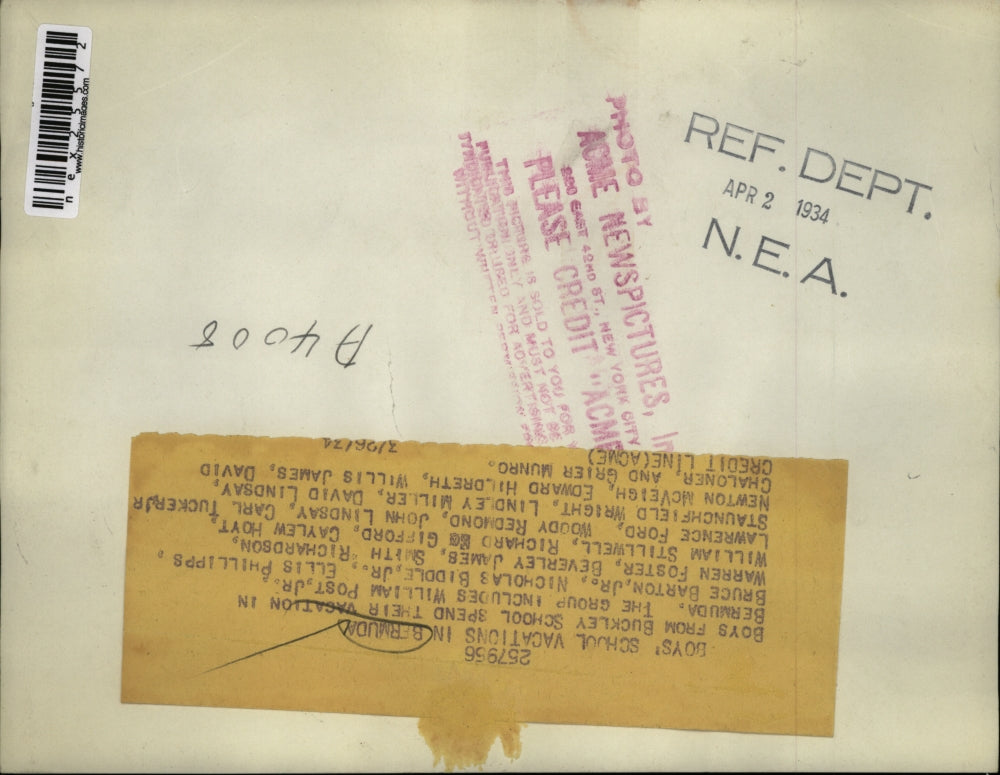 1934 Press Photo Boys from Buckley School Vacations in Bermuda