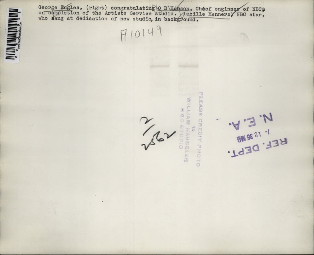 1936 Press Photo George Engles congratulating OB Hanson w/ Lucille Manners