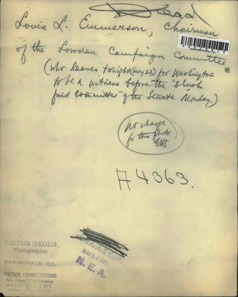 1920 Press Photo Louis L. Emmerson, Chairman of the former Campaign Committee.