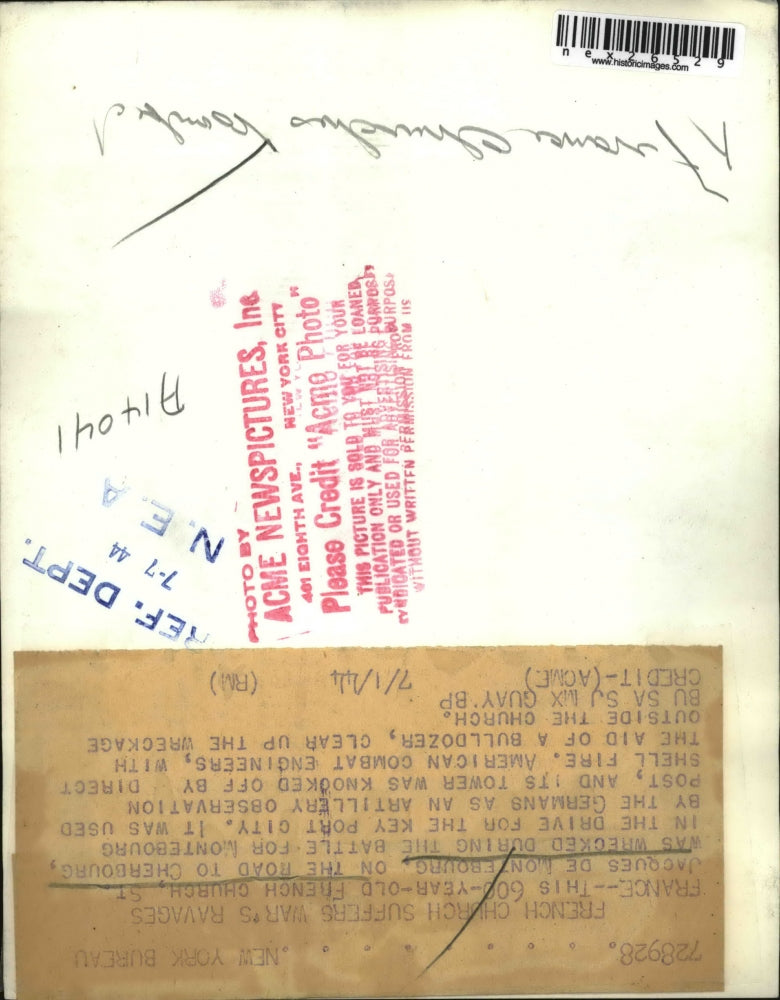 1944 Press Photo St. Jacques de Montebourg Church bombed during World War II