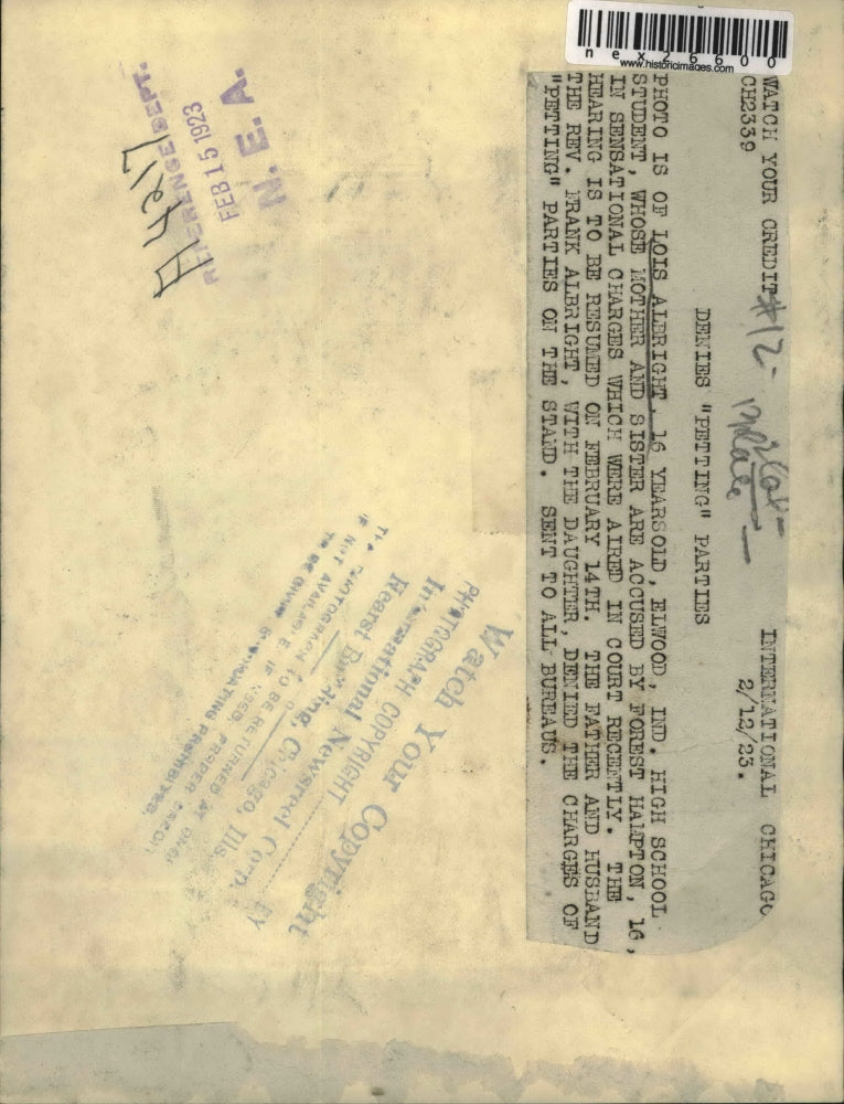 1923 Press Photo Lois Albright and father deny charges of "petting" parties.