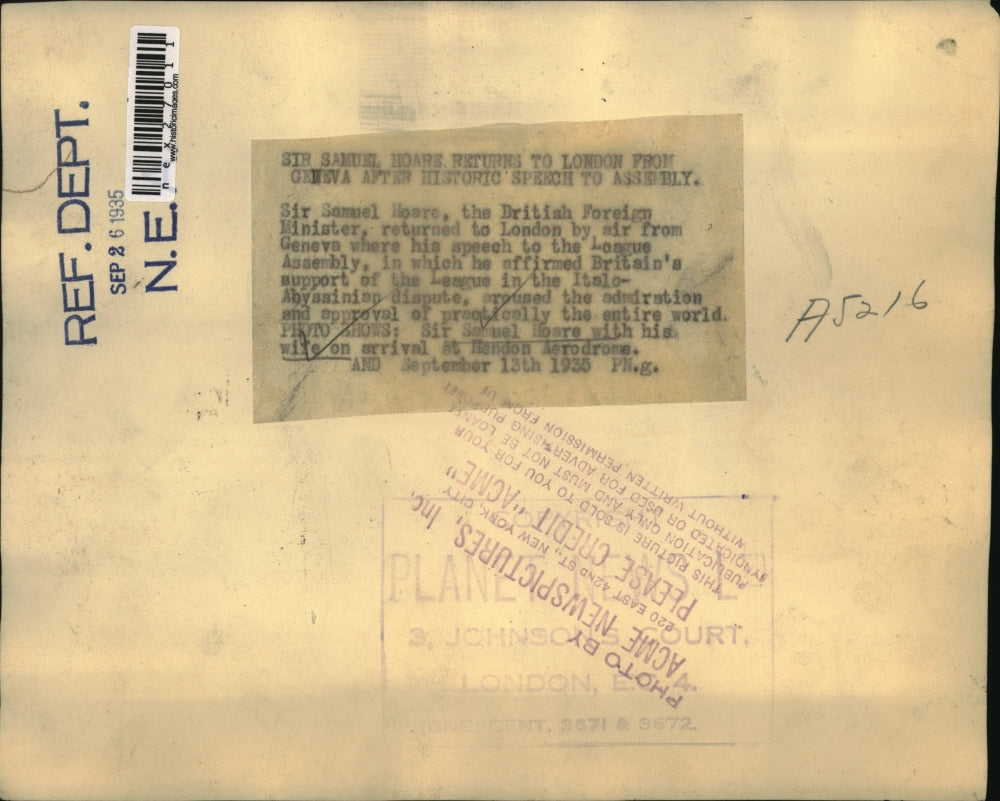 1930 Press Photo Sir Samuel Hoere British Foreign Minister with his wife