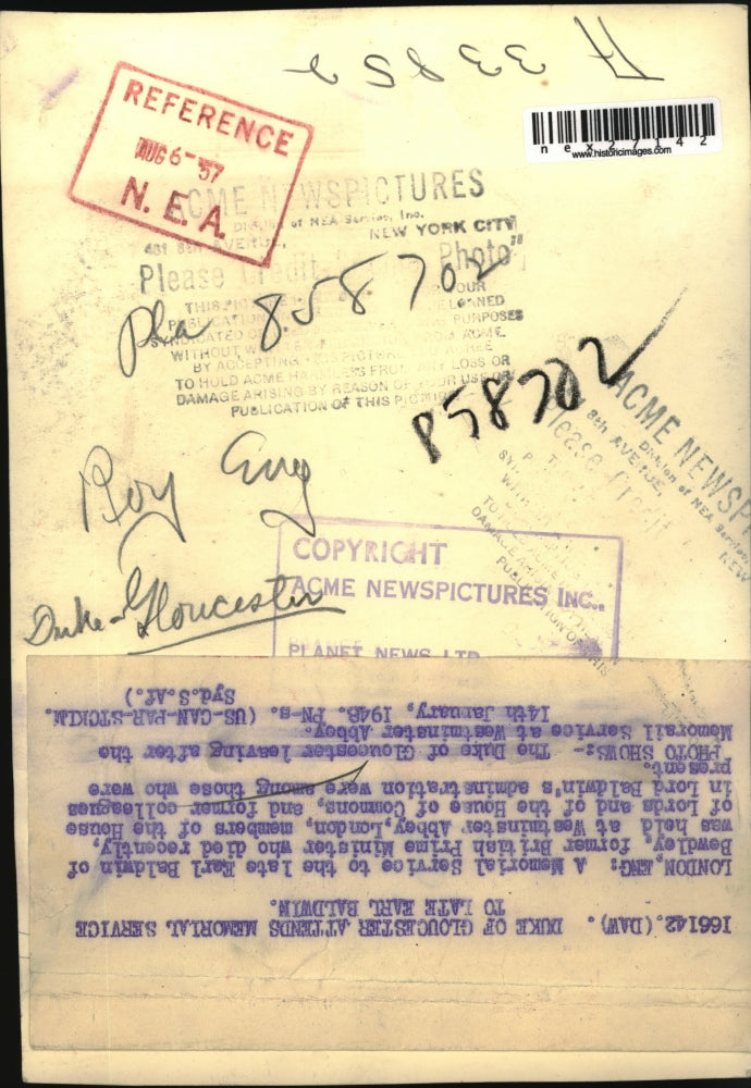 1948 Press Photo Duke Of Gloucester Attends Memorial Service Of Earl Baldwin