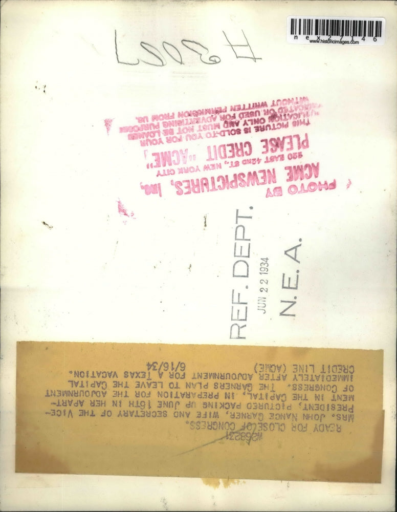 1934 Press Photo Mrs. John Nance Graner Ready for Close of Congress