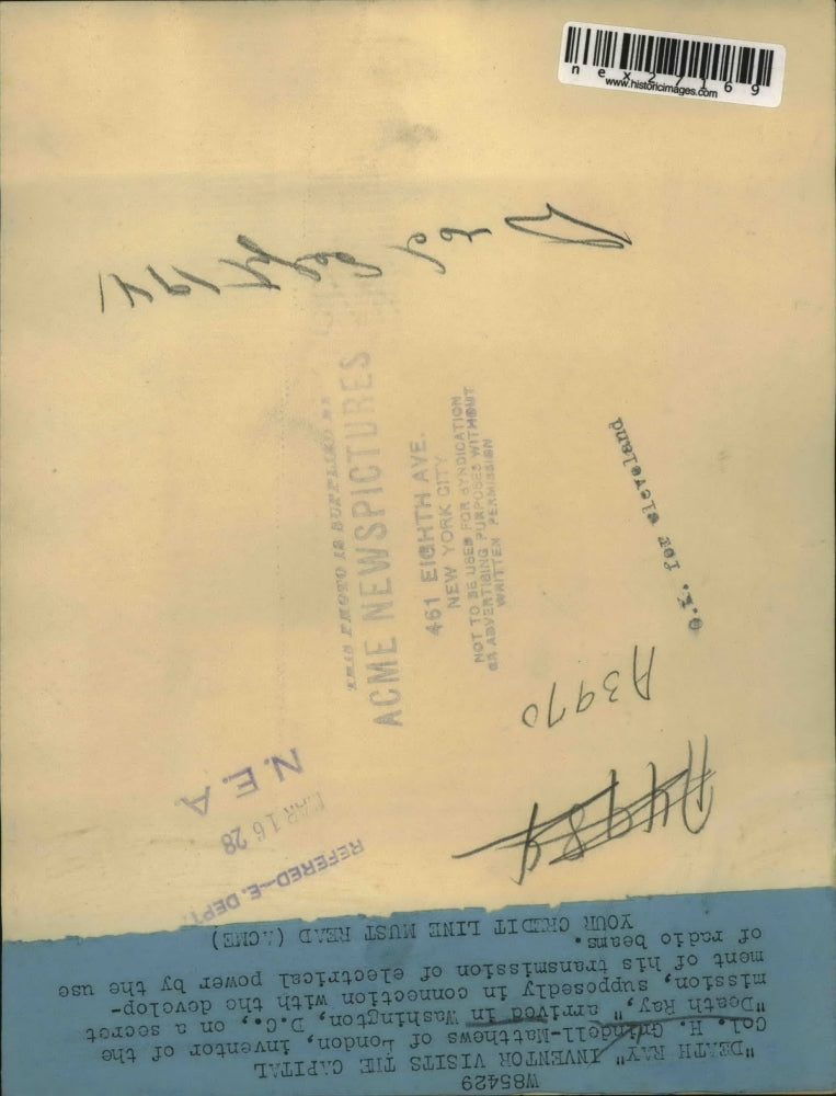 1928 Press Photo Col. H.Grindell-Matthews of London, Death Ray inventor