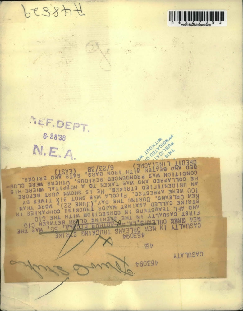 1938 Press Photo Arthur Piccla, casualty of clash between CIO and AFL teamsters.