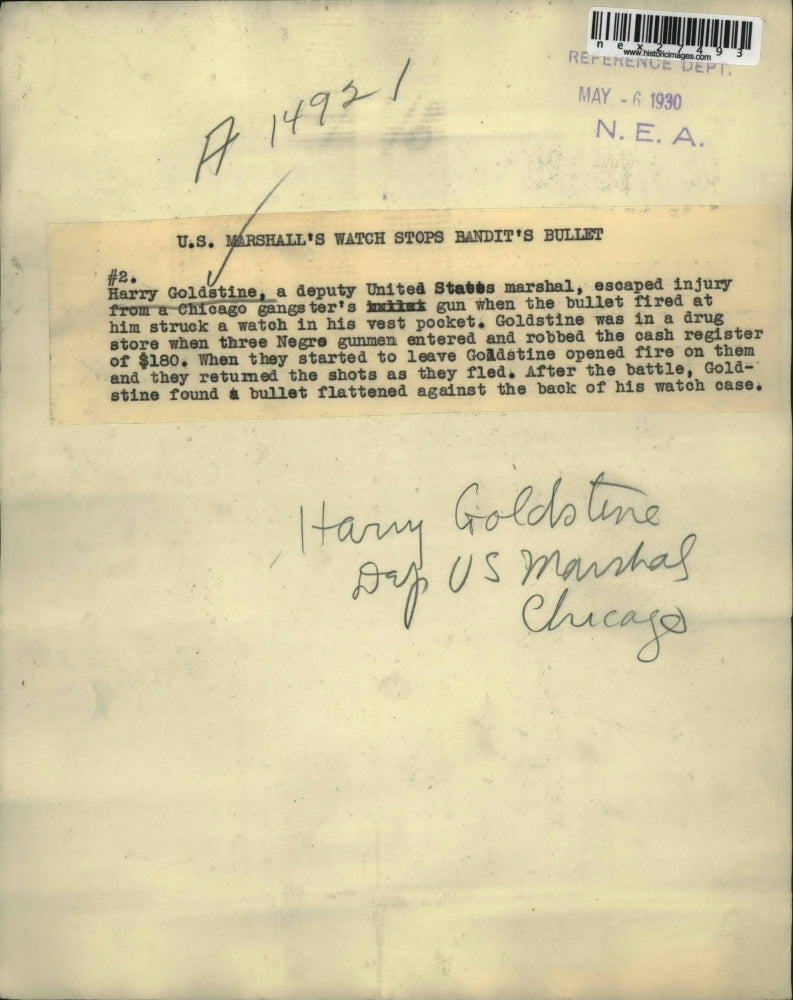 1930 Press Photo Harry Goldstine, Deputy Marshal Saved by Watch From Bullet