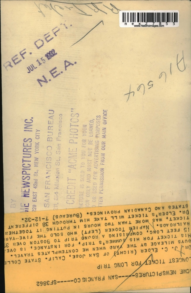 1932 Press Photo L-R Napier Tooker and Dr. J. C. Elder held the five-yard ticket