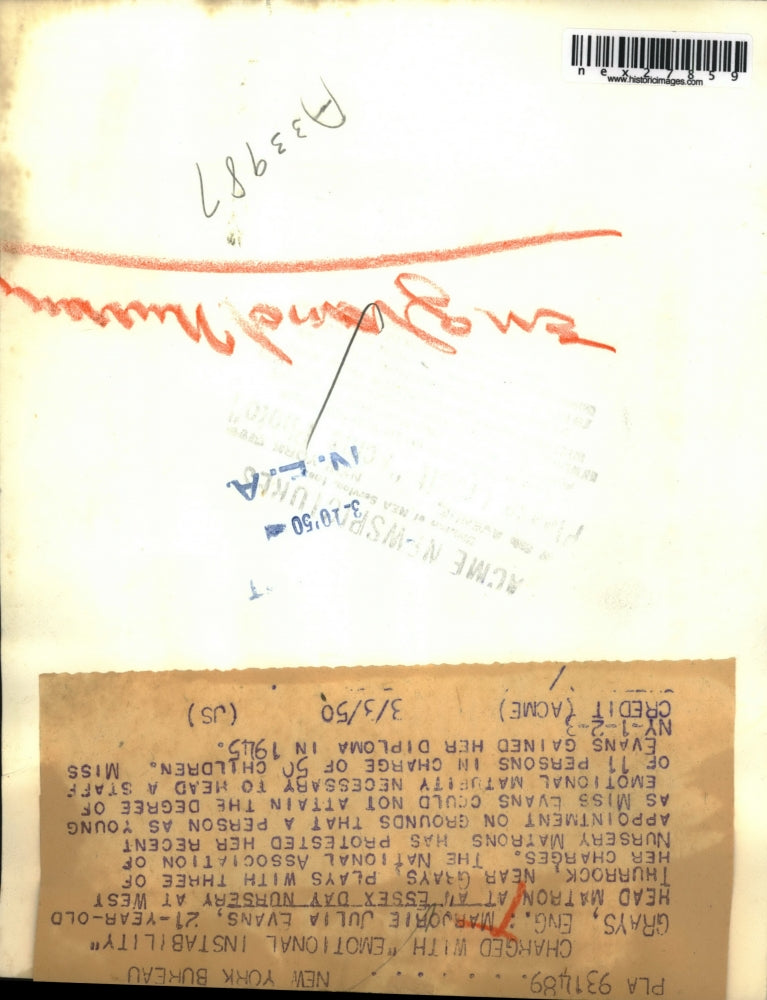 1950 Press Photo Marjorie Julia Evans,Head Matron at Essex Day Nursery