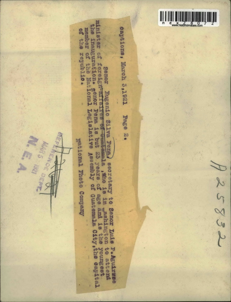 1921 Press Photo Senor Eugenio Silva Pena, Sec. to Senor Luis P. Aguirre