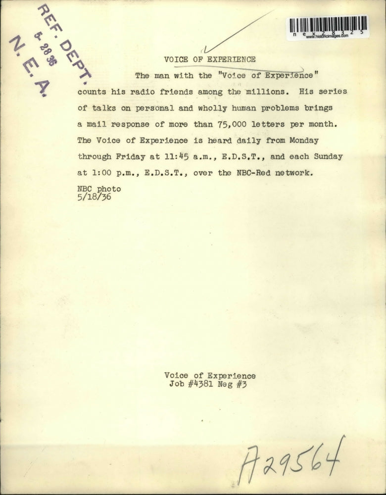 1936 Press Photo Voice of Experience for radio programs on NBC