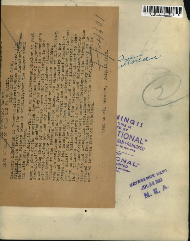 1923 Press Photo Mrs. Mary E. Bittman,wife of M.E. Pittman,slayer of A.Nicholson