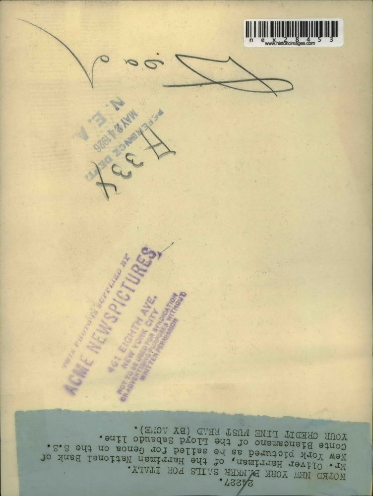 1925 Press Photo NY banker Oliver Harriman of National Bank