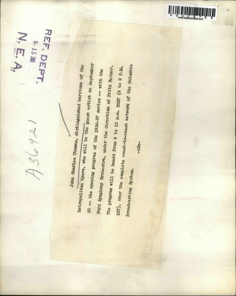 1936 Press Photo John Charles Thomas baritone of Metropolital Opera