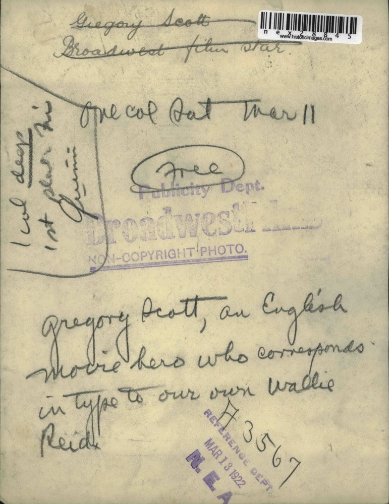 1922 Press Photo Gregory Scott English movie hero