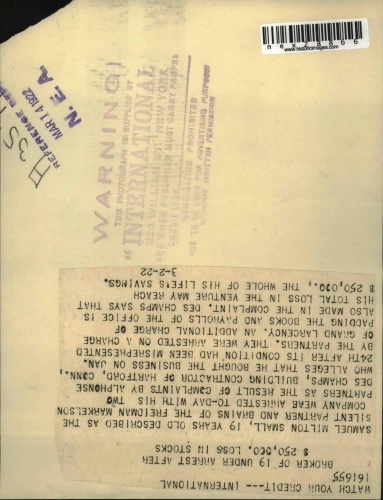 1922 Press Photo Samuel MIlton Small, silent partner of the Friedman Markelson