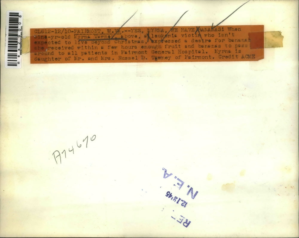 1945 Press Photo Fairmont W Va Myrna Tawney leukemia victim age 9