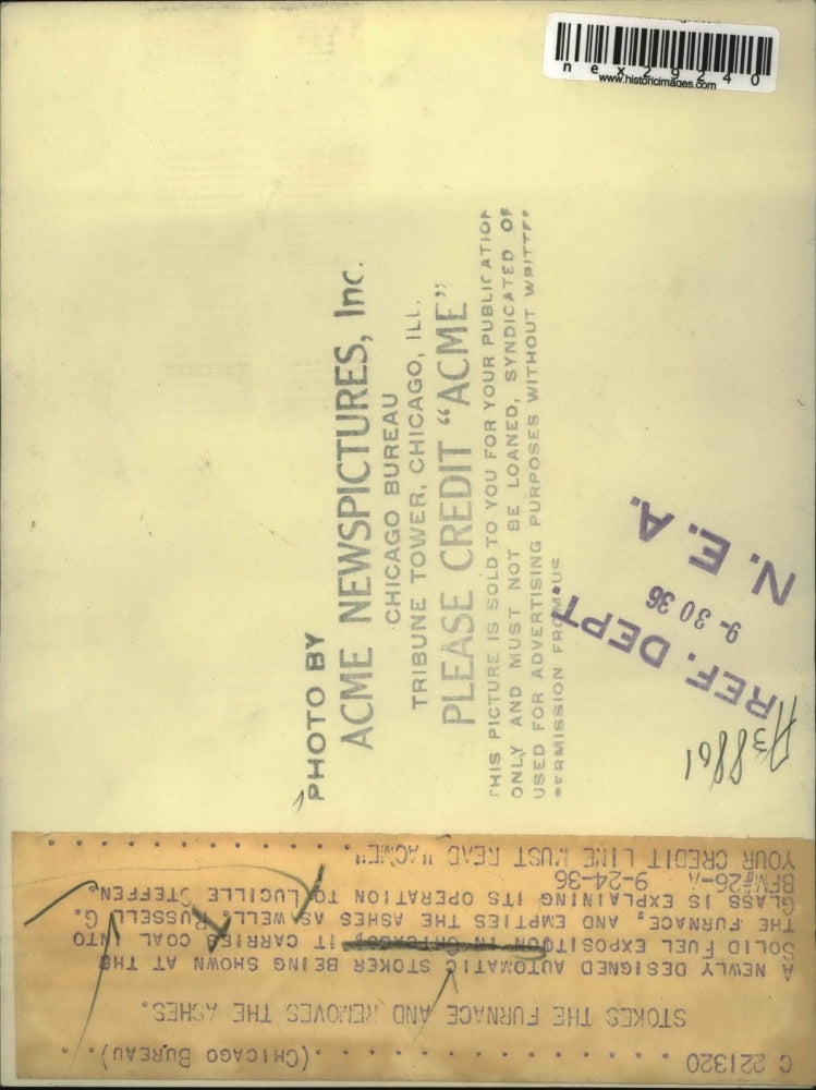 1936 Press Photo Automatic stoker at Fuel EExpo, RG Glass & L Steffen