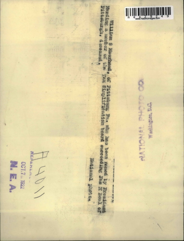 1922 Press Photo William S Moorhead for Tax simplification board