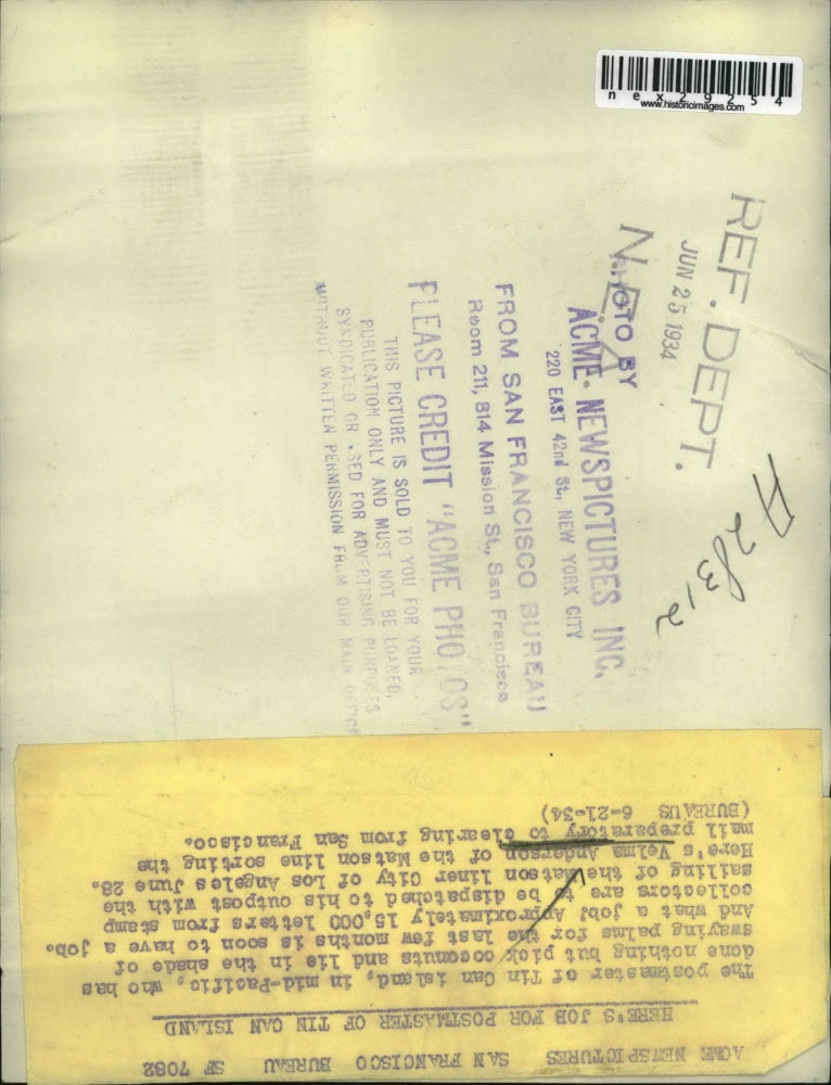 1934 Press Photo Velma Anderson sorts mail at San Francisco