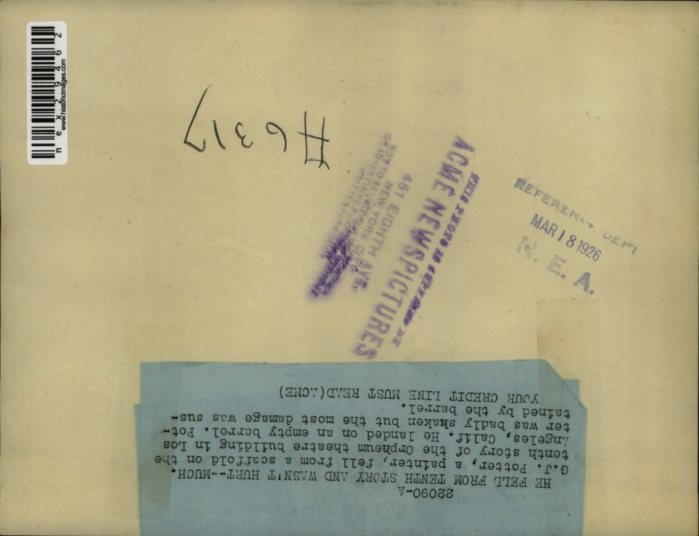 1926 Press Photo GJ Potter painter who fell from 10th floor in hospital